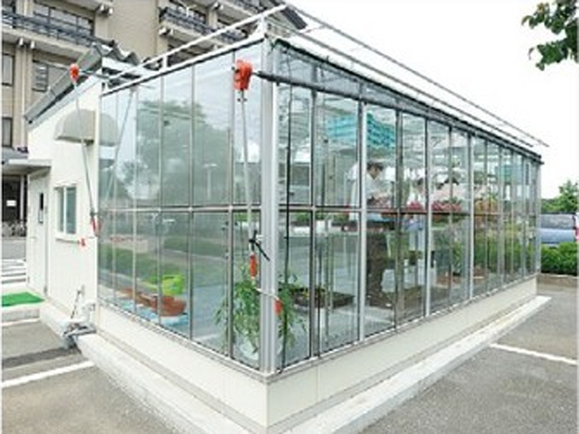 【P1植物育成室（P1温室）】遺伝子組変え実験に適した温室で、本学の実験安全委員会の承認のもと、研究開発のみの目的で組換え実験を行う。