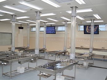 解剖実習室。大画面モニターを完備。口腔医学の基本である全身と口腔の構造を効率よく学ぶことができます。